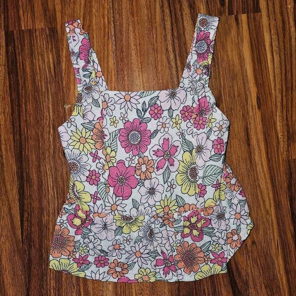 Btween White Pink Orange Floral 2 Piece Set Peplum Tanktop Wide Leg Linen Pants - Picture 6 of 8